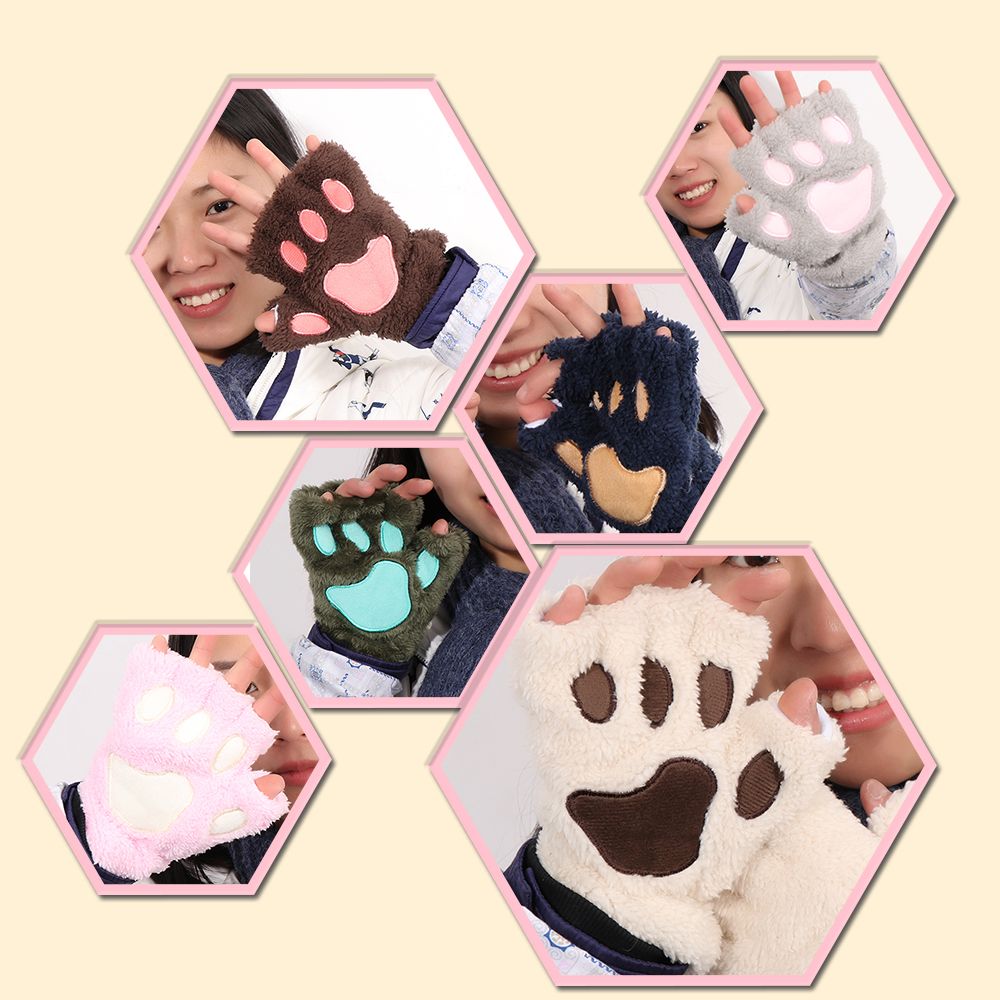 Găng Tay Lông Nhung Hở Ngón Nhiều Màu Sắc Hình Móng Vuốt Gấu/Mèo Đáng Yêu Thời Trang Mùa Đông Cho Nữ 14 Màu Tùy Chọn