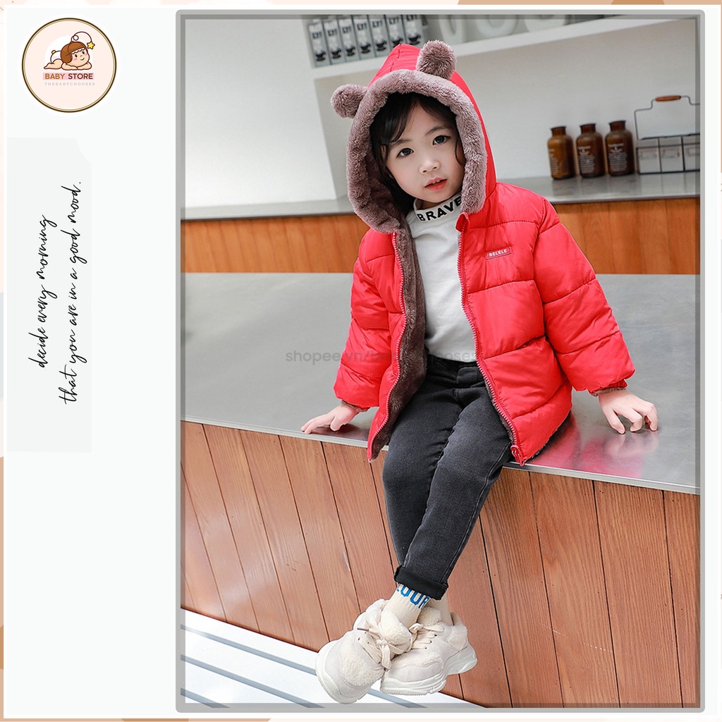 Áo phao tai gấu lót lông cừu siêu ấm cho bé, áo khoác phao béo hàng Quảng Châu unisex cho bé trai và bé gái