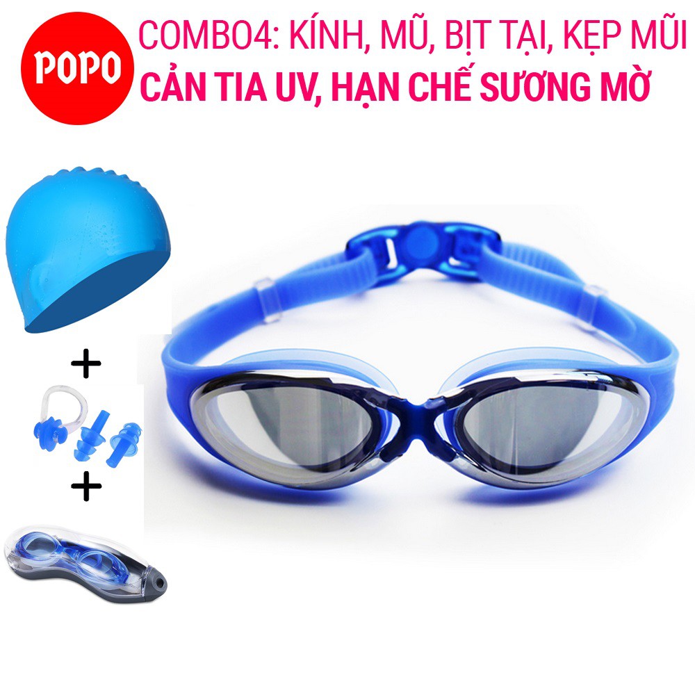 Bộ Kính bơi Mũ bơi Bịt tai kẹp mũi POPO G300-CA31, mắt kính cản tia UV hạn chế sương mờ, nón bơi ngăn nước