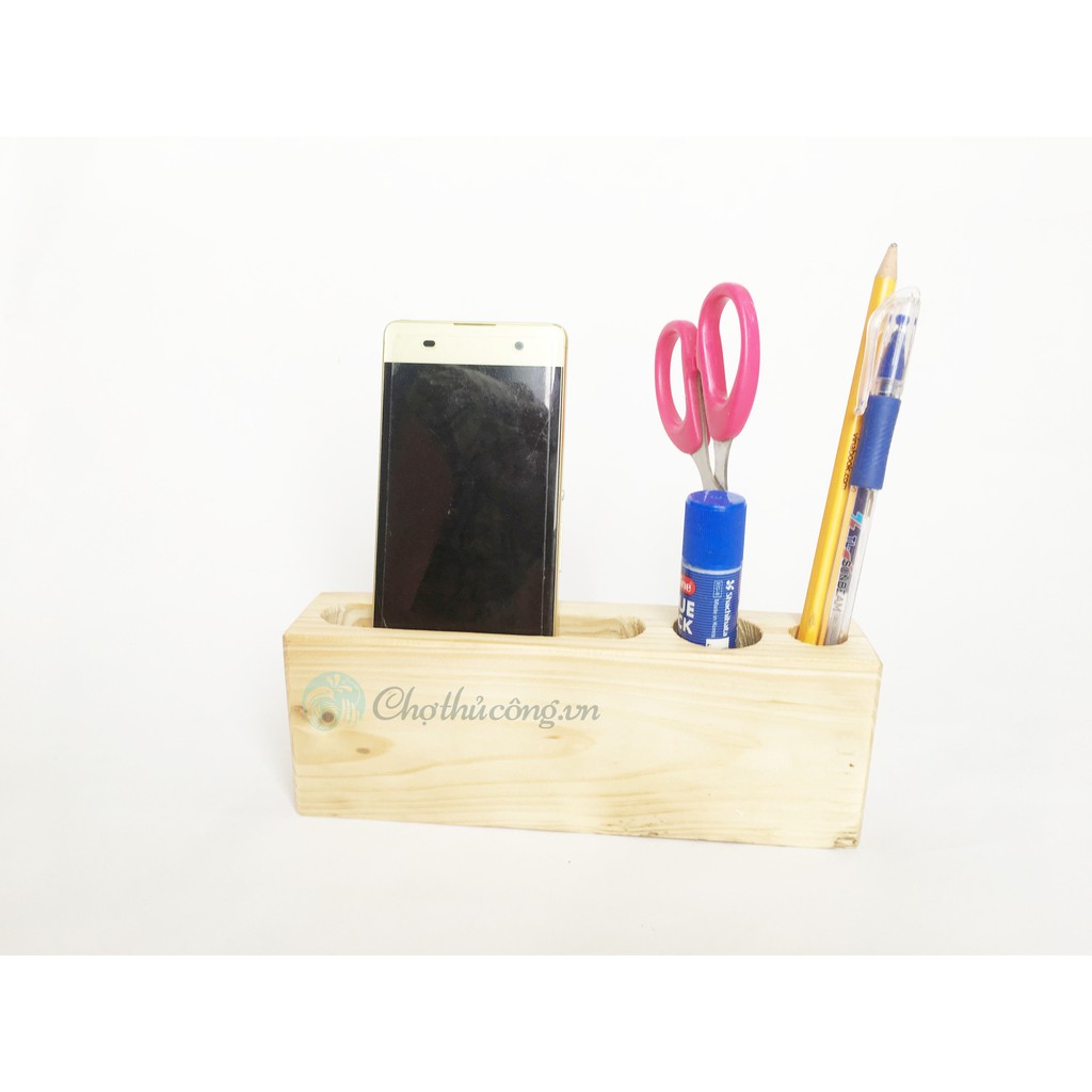 Hộp cắm bút gỗ tự nhiên kết hợp khay để điện thoại