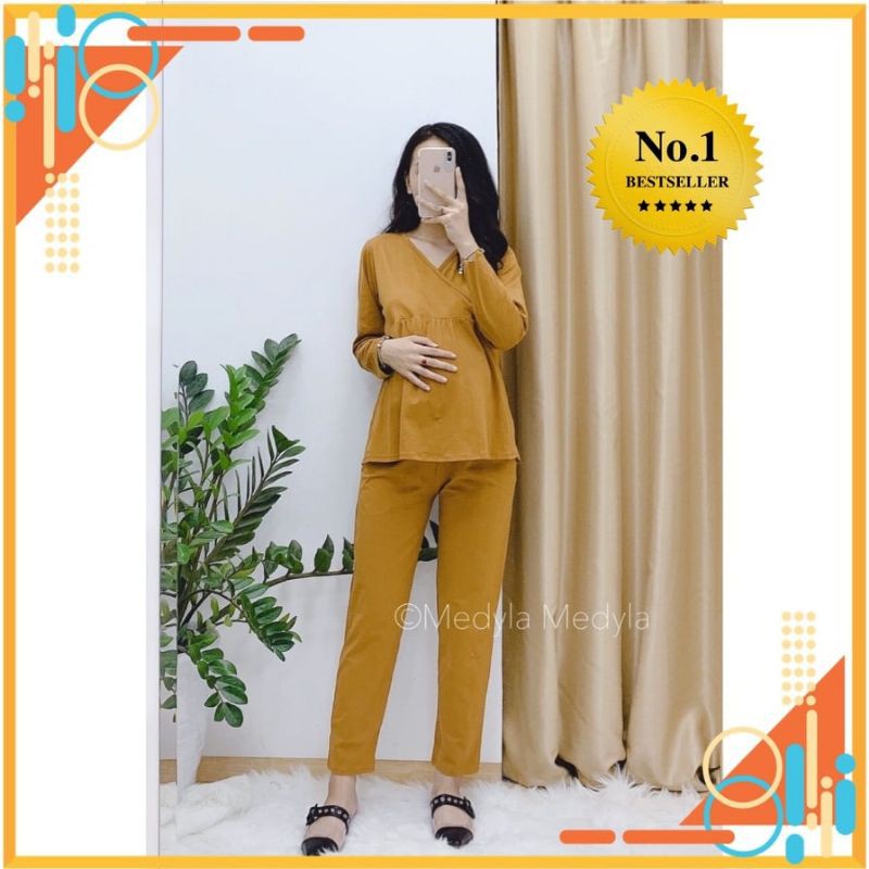 Bộ Bầu Và Sau Sinh Dài Tay Vạt Chéo, Chất Cotton Cao Cấp