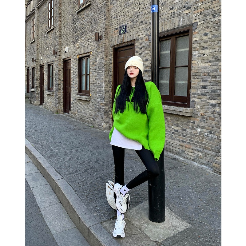 Áo Sweater Dệt Kim Tay Dài Dáng Rộng Màu Xanh Lá Kiểu Hàn Quốc Thời Trang Thu Đông Cho Nữ wd37