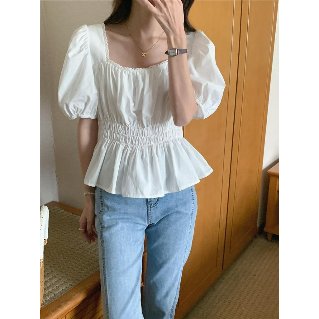 Áo Kiểu Tay Ngắn Cổ Vuông Phối Ren Ôm Eo 51580