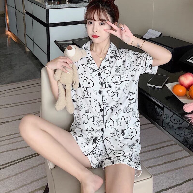 Bộ Snoopy Trắng Viền - Set Pịjama Đùi Đẹp- Bộ Pizama Bò Sưa