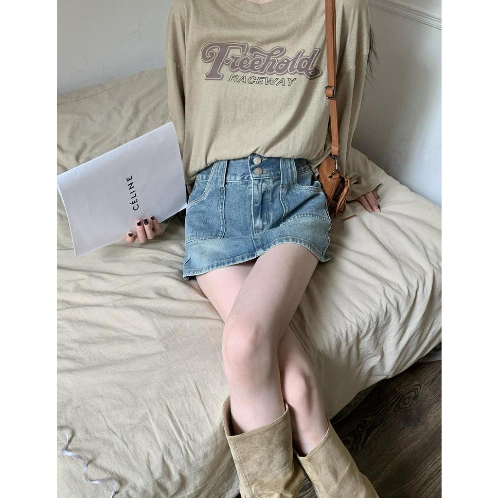 Chân Váy Denim Phối Nút Đôi Lưng Cao Phong Cách Retro Cá Tính 63792