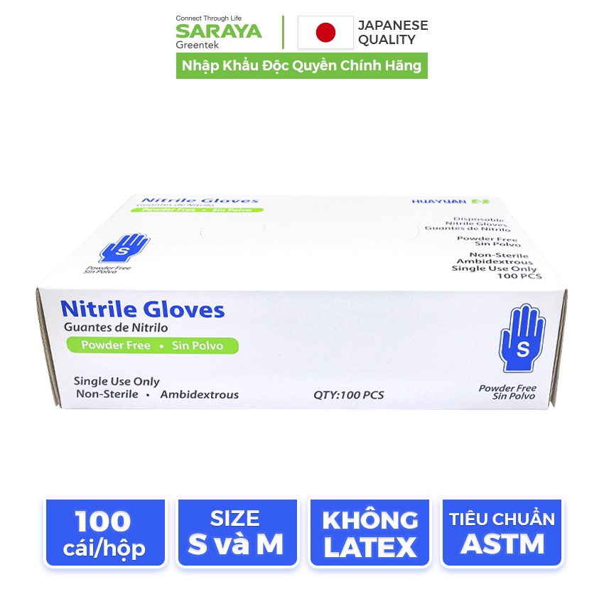Găng tay cao su Saraya Nitrile HY Không Bột dùng trong thực phẩm, vệ sinh (Disposable Nitrile Gloves) - 100 Chiếc/Hộp