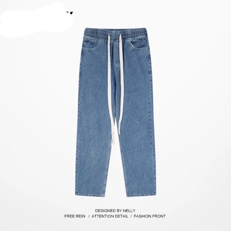 Quần jeans nam Nelly rộng ống suông lưng thun dây rút taobao