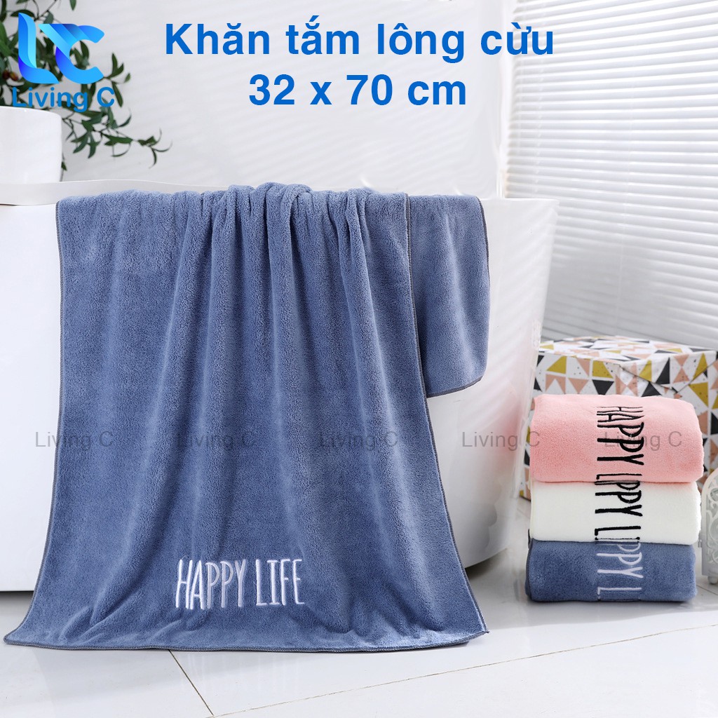 Khăn lau mặt lông cừu Living C, Khăn lông cừu vải mềm dày dặn thấm hút tốt in chữ Happy Life _KHL