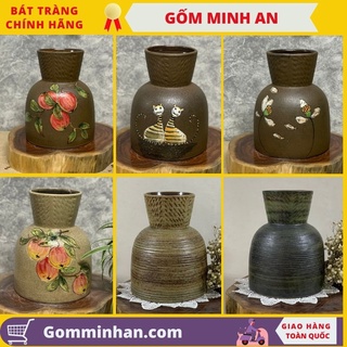 Bình hoa lọ hoa gốm sứ men mộc dáng thấp trụ tròn gốm sứ bát tràng- gốm minh an