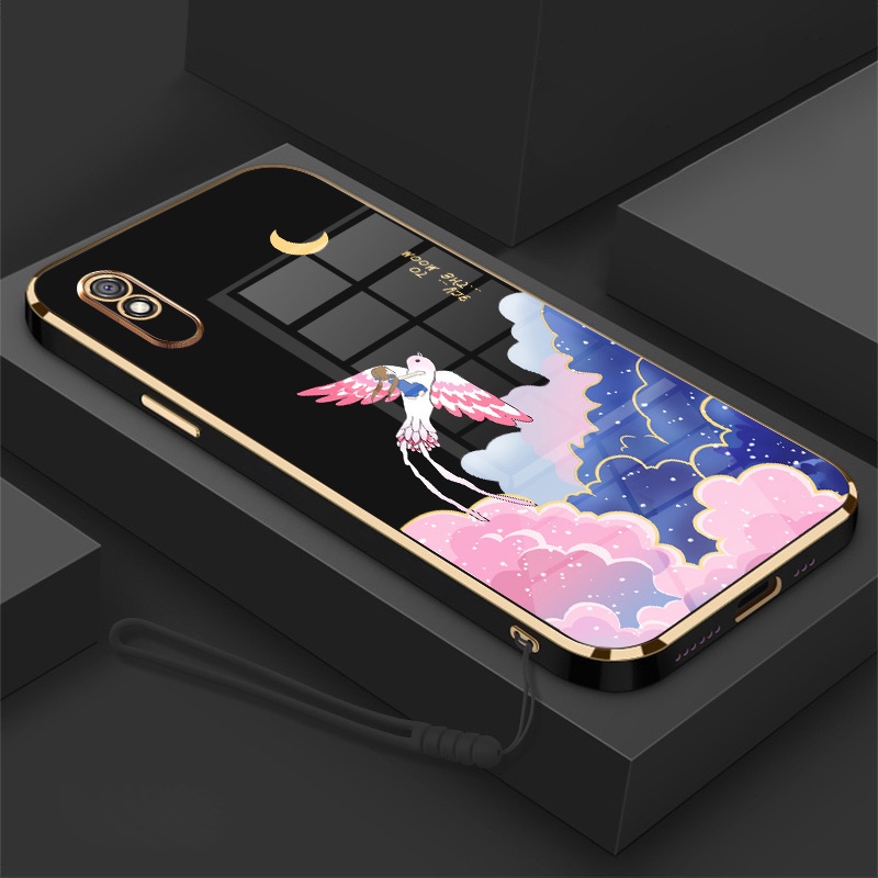 Ốp Điện Thoại Viền Mềm Mạ Điện In Hoạt Hình Kèm Dây Đeo Cho Redmi 9a 9c 9t 8a 10c