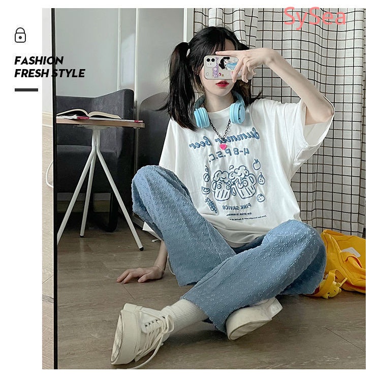 Áo Thun Dáng Rộng Họa Tiết Hoạt Hình Phong Cách Hàn Quốc Cá Tính