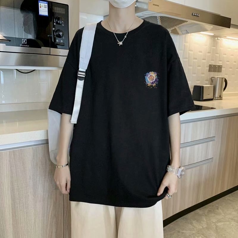 Áo thun tay ngắn dáng rộng in hình mặt cười phong cách mùa hè thời trang cho nam