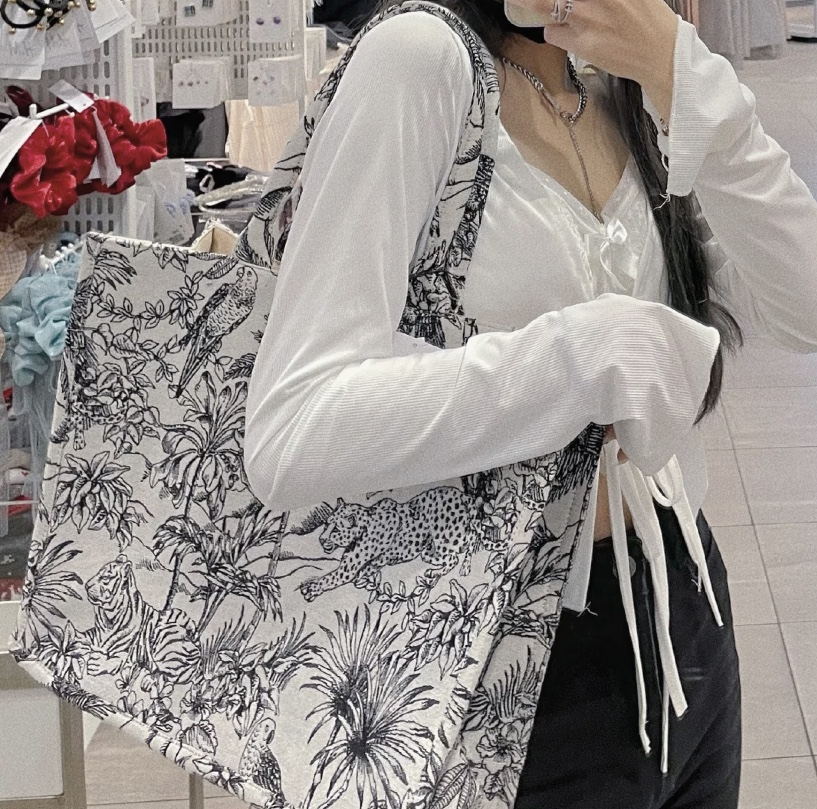Túi tote Đeo Vai Vải canvas Cỡ Lớn Thêu Họa Tiết Thời Trang