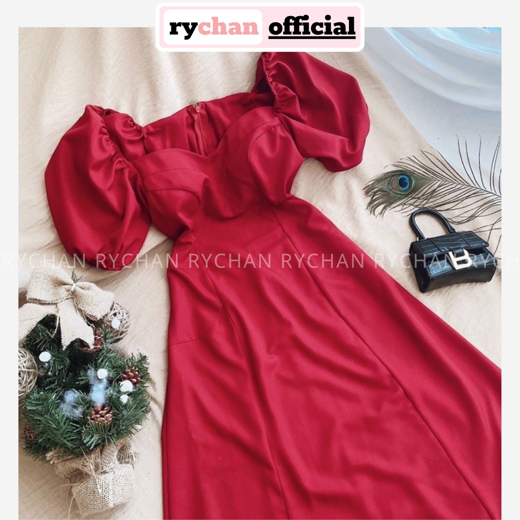 Đầm Đỏ Dự Tiệc Nữ Dáng Dài Cổ Tim Tay Phồng Bo Eo Cực Tôn Da [ẢNH THẬT CUỐI] - DX9742