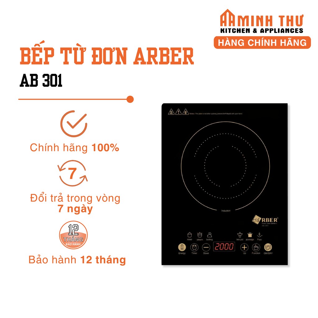 Bếp từ đơn cảm ứng Arber AB301, 220V, 50Hz, 2000W - Hàng chính hãng, bảo hành 12 tháng