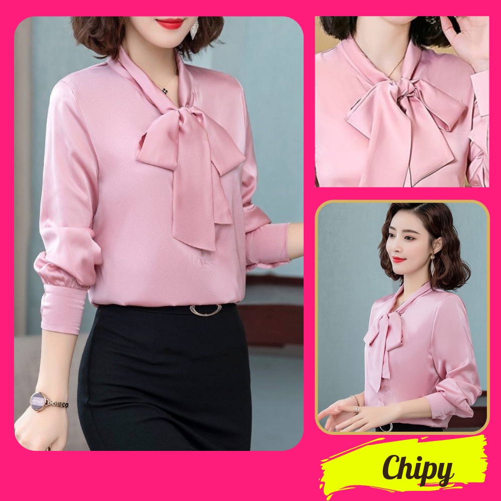 Áo Sơ Mi Kiểu Công Sở Đẹp CHIPY Tay Dài Cổ Thắt Nơ Màu Hồng Chất Lụa Cao Cấp From Rộng Hàn Quốc Ulzzang Vintage A1H