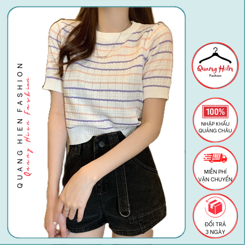 Áo len cộc tay Quảng Châu cổ tròn kẻ ngang bo gấu freesize MS240