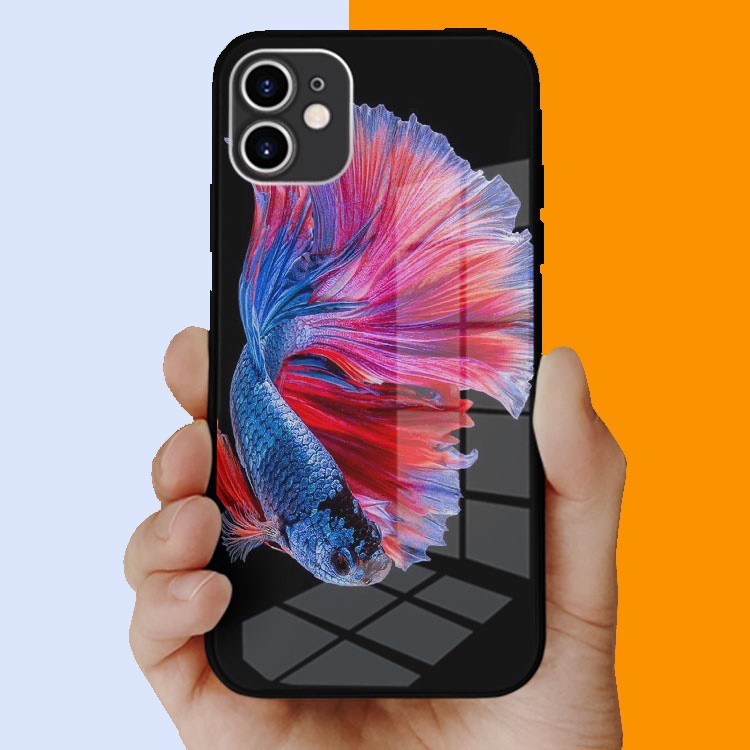 Ốp lưng kính GOGO cá beta xanh đỏ tươi Iphone 7 - Iphone 12 pro max OK-BET20210027