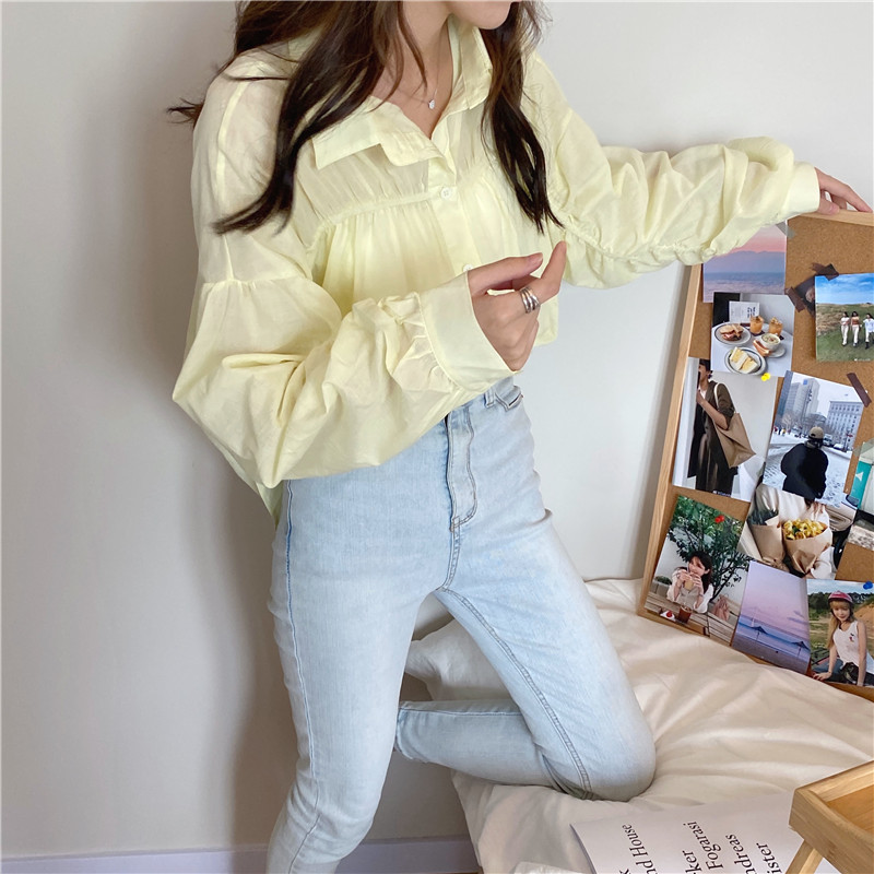 Áo sơ mi dài tay thời trang đơn giản 179077Áo sơ mi tay dài dáng rộng kiểu xếp ly phong cách thời trang hàn quốc | BigBuy360 - bigbuy360.vn