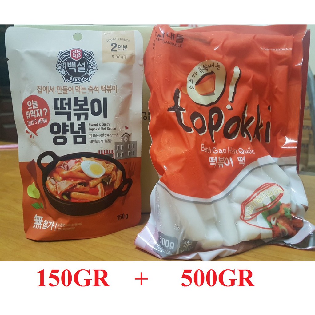 Combo 500g bánh gạo tokbokki cắt khúc Sannadle + sốt nấu tokbokki Beksul Hàn quốc