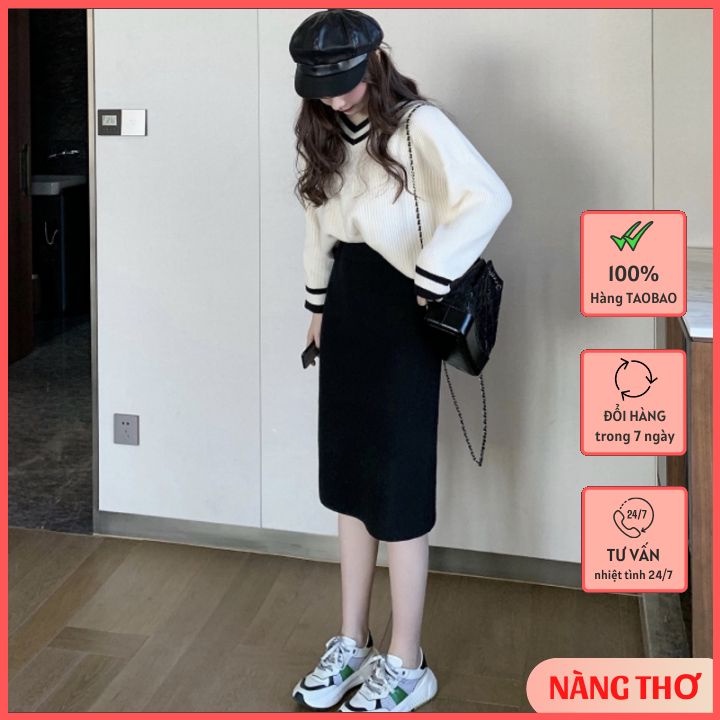 Set Thu Đông: Áo Len Nữ Cổ Tim Dài Tay Mix Chân Váy Thu Đông (Feedback Ảnh Cuối)