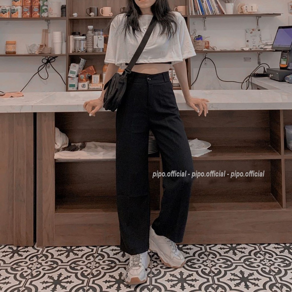 Quần ống rộng lưng cao dáng suông kiểu Hàn Quốc cho nữ 2 nút siêu hack chân dài 4 màu | BigBuy360 - bigbuy360.vn