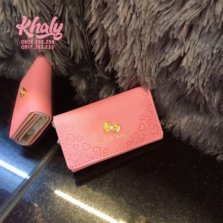 Bóp ví tiền mini cầm tay nút bấm da mềm nhiều ngăn có ngăn treo chìa khóa hình Hello Kitty (11x2x6.5cm) màu hồng