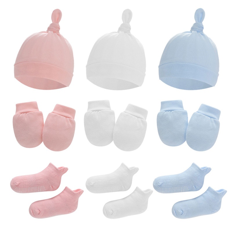 1 Bộ Găng Tay + Mũ + Găng Tay Cotton Mềm Mại Chống Trầy Xước Cho Bé Sơ Sinh