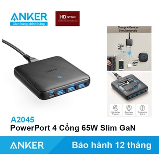 Sạc Anker 4 Cổng PowerPort Atom III Slim 65w PIQ 3.0& GaN Sạc nhanh Type C 45W  - A2045 Bảo hành 12 tháng Sạc Để Bàn