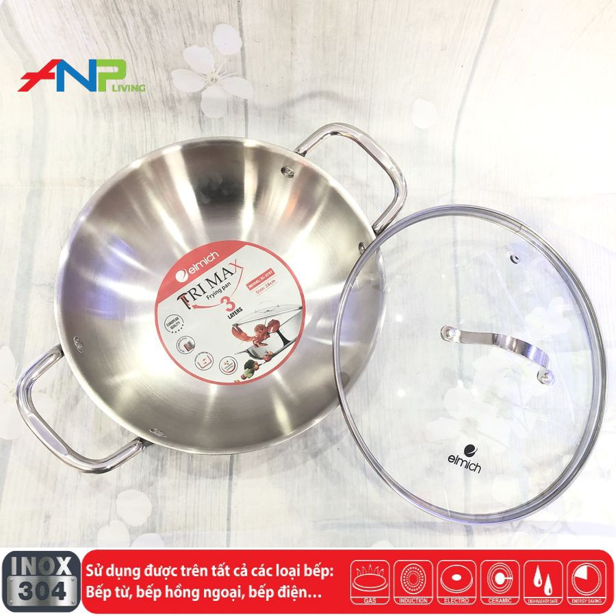 Chảo Xào Sâu Lòng Kiêm Nồi Lẩu 5 Đáy inox 304 Elmich EL-3255 (Size 32cm - Dùng Được Trên Mọi Loại Bếp) - Hàng Chính Hãng