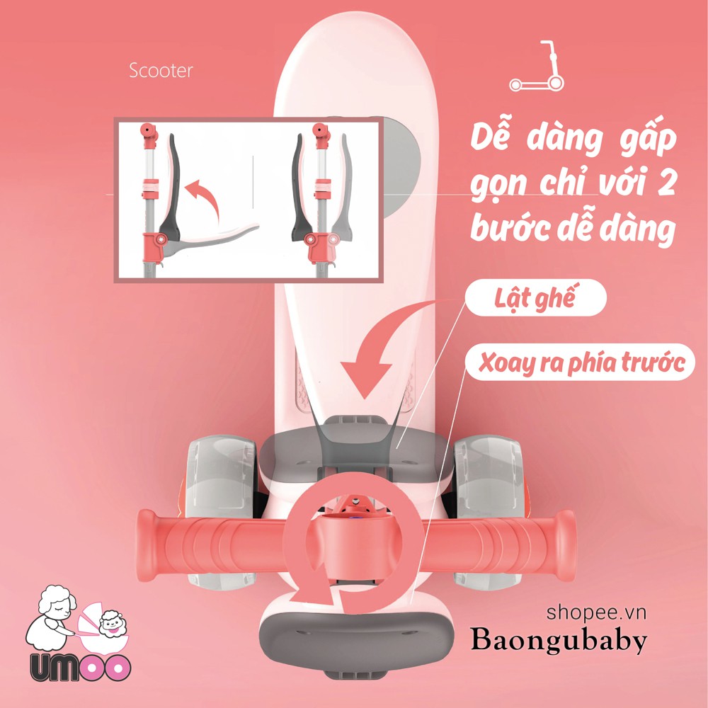 |Baongubaby| Xe Scooter cho bé Umoo 2 trong 1 hình heo, vừa là xe trược scooter vừa là xe chòi chân