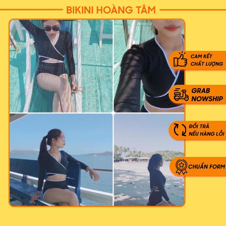 Bikini biển nữ ❤️ Freeship ❤️ Đồ bơi nữ tay dài, viền trắng, màu đen