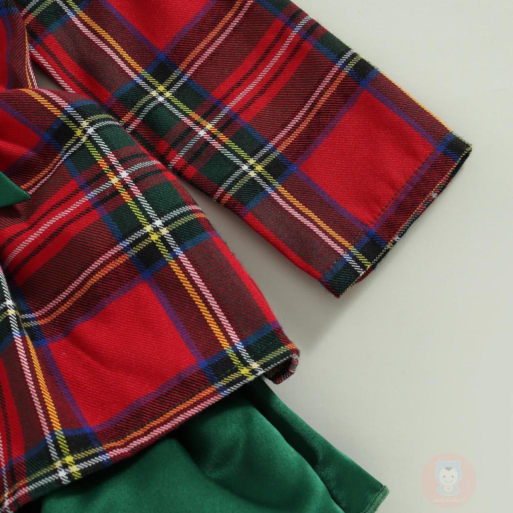 Đầm Tay Dài Cổ Búp Bê Đính Nơ Họa Tiết Sọc Caro Phong Cách Giáng Sinh Dễ Thương Cho Bé Gái LAA6