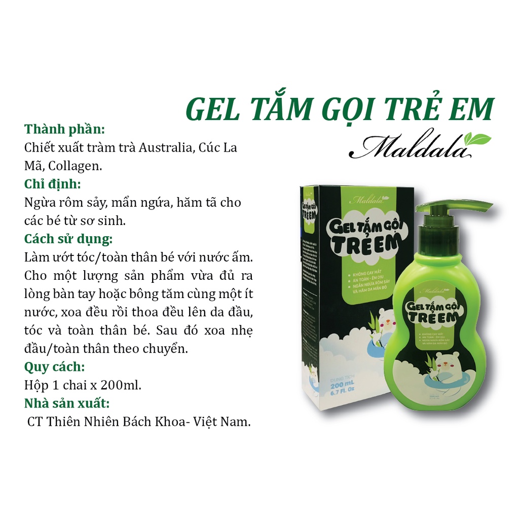 [Mẫu Mới] Gel tắm gội trẻ em MALDALA sản phẩm thiên nhiên (dùng cho các bé từ sơ sinh) 200ml