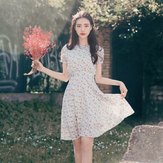 Đầm xoè hoa nhí ngắn tay cổ tròn eo nơ bao xinh nhẹ nhàng size M L XL