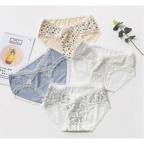 Quần lót bầu và sau sinh cạp chéo, viền ren cotton thoáng khí, đáy quần kháng khuẩn Mềm Mịn Cao Cấp Set 4 Chiếc