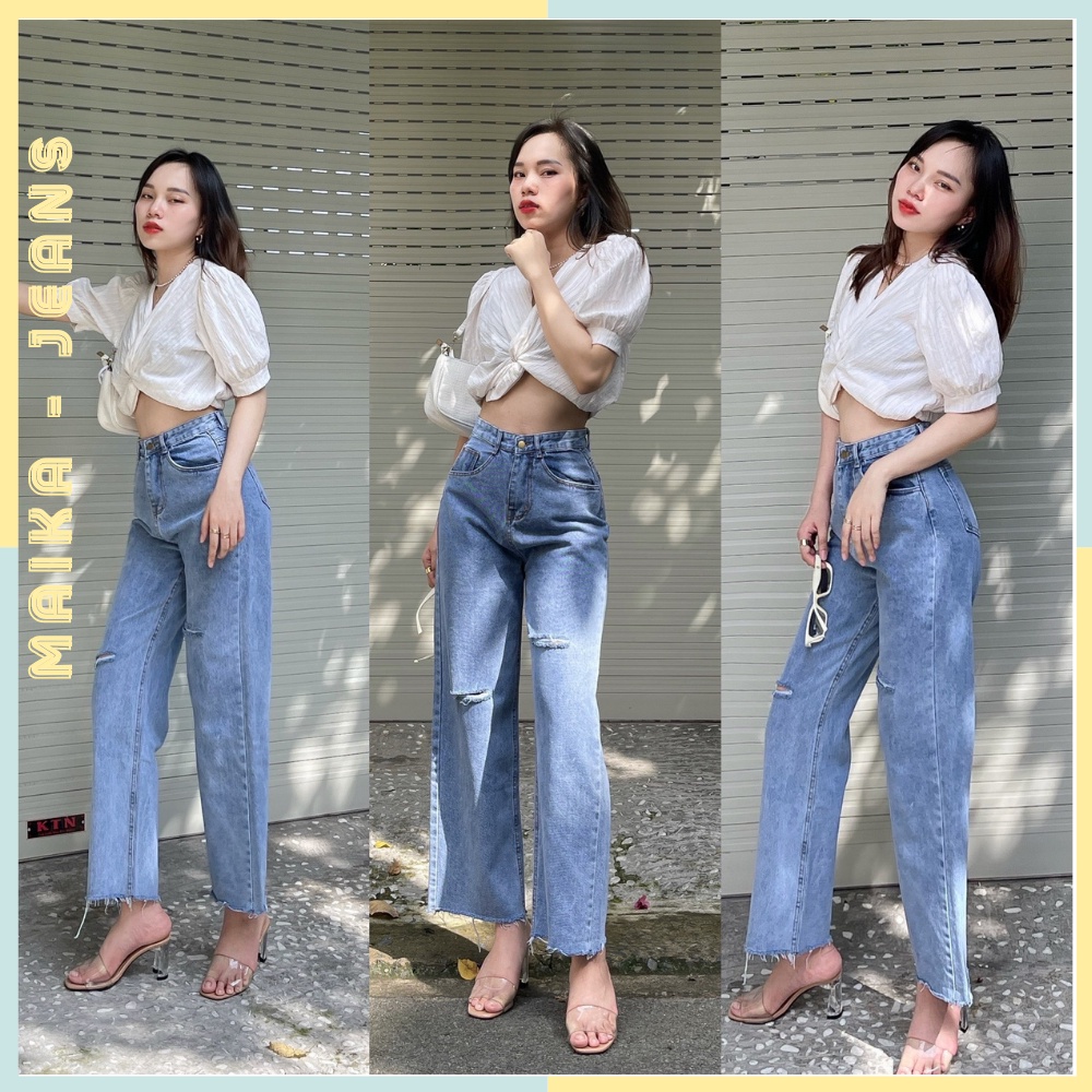 (freeship) Quần Jeans Nữ ống Loe Rách Lai  Lưng Cao Tôn Dáng Shop Maika Jeans