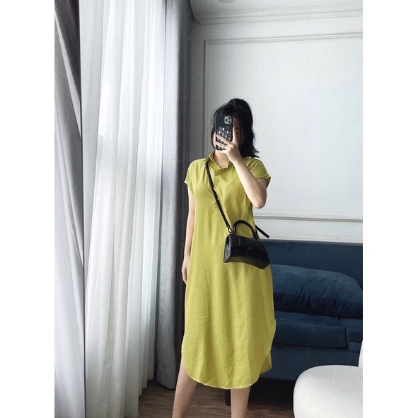 Váy lụa màu màu vàng úa,đầm cổ sơmi không tay mền mại
