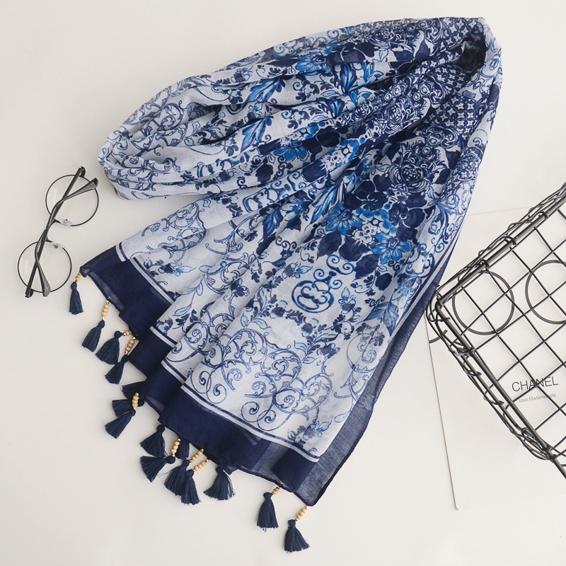 Khăn Choàng Cotton Lanh Phối Tua Rua Phong Cách Bohemian Thời Trang