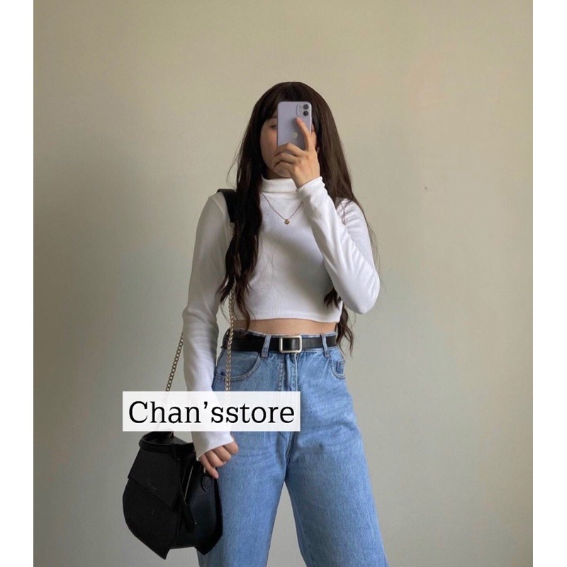 Áo croptop tay dài cổ lọ chất thun gân mịn