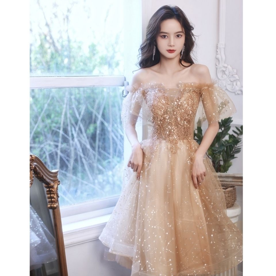 W Đầm Dạ Hội Màu Sắc Rượu Sâm Panh Kiểu Công Chúa Kỷ Niệm Đường Phố Mùa Hè Cho Phù Dâu / Bé