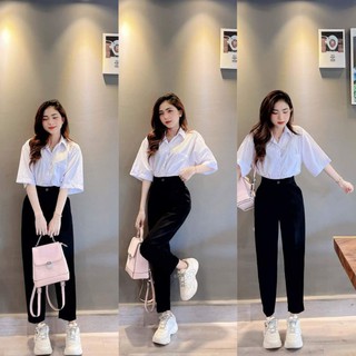 Áo sơ mi trắng cộc tay 1 túi, quần baggy đen đi học