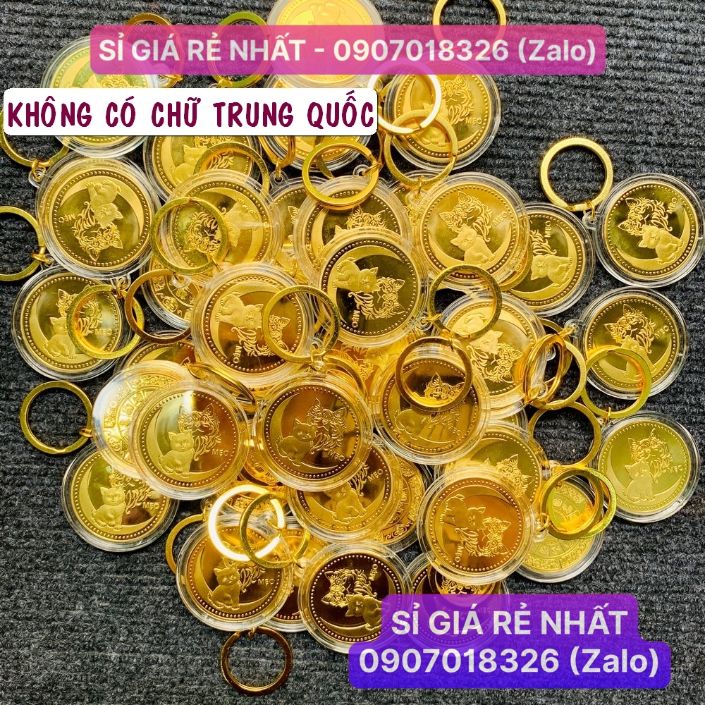 Móc Khóa Đồng Tiền Xu Con Mèo Mạ Vàng Quà tặng May Mắn Lì Xì Tết