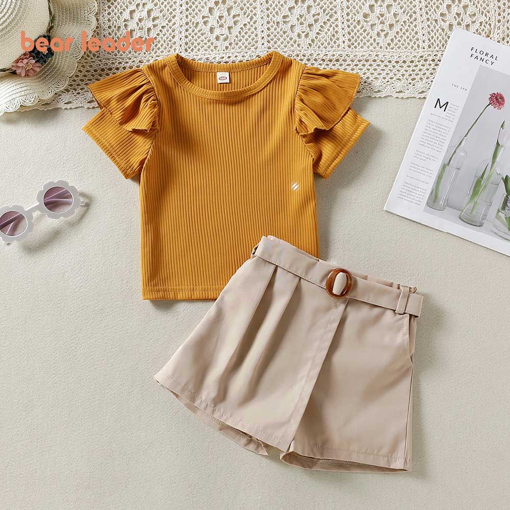 BEAR LEADER Set Áo Thun Tay Ren + Quần Short Thời Trang Xuân Hè Mới 2022 Cho Bé Gái 2-6 Tuổi