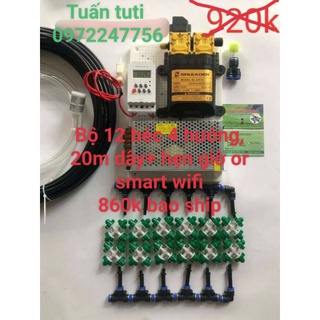 [ Ráp sẵn] Bộ phun sương tự động (hẹn giờ, smart wifi) bơm đôi tưới cây, tưới lan 12 béc 4 hướng