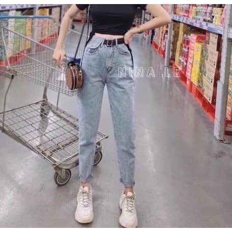 Quần baggy bò denim ống côn túi nắp xanh nhạt cạp cao thiết kế thanh lịch phong cách hàn quốc | BigBuy360 - bigbuy360.vn