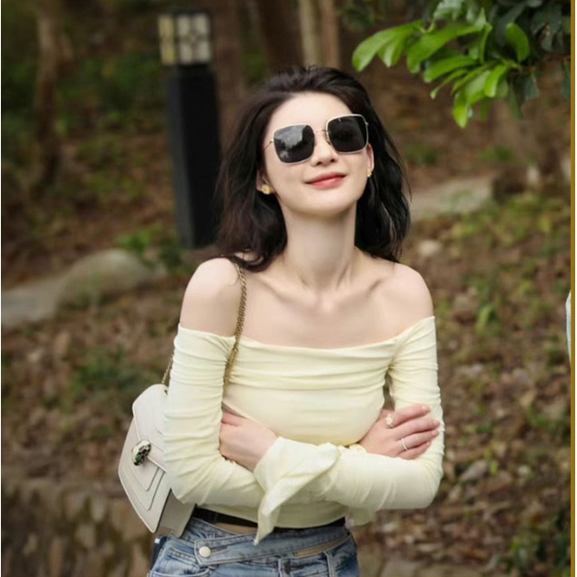 Áo Croptop Trễ Vai Tay Dài Phối Lưới Màu Sắc Trơn Thời Trang Cho Nữ