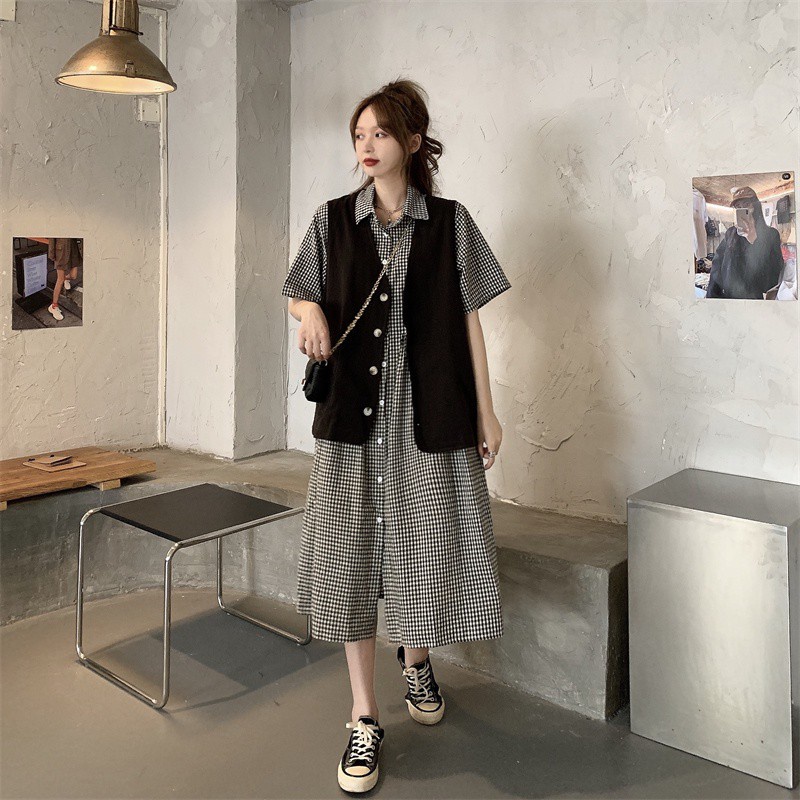 Set Đầm Sơ Mi Sọc Ca Rô + Áo Khoác Cardigan Không Tay Phong Cách Retro Hàn Quốc  váy
