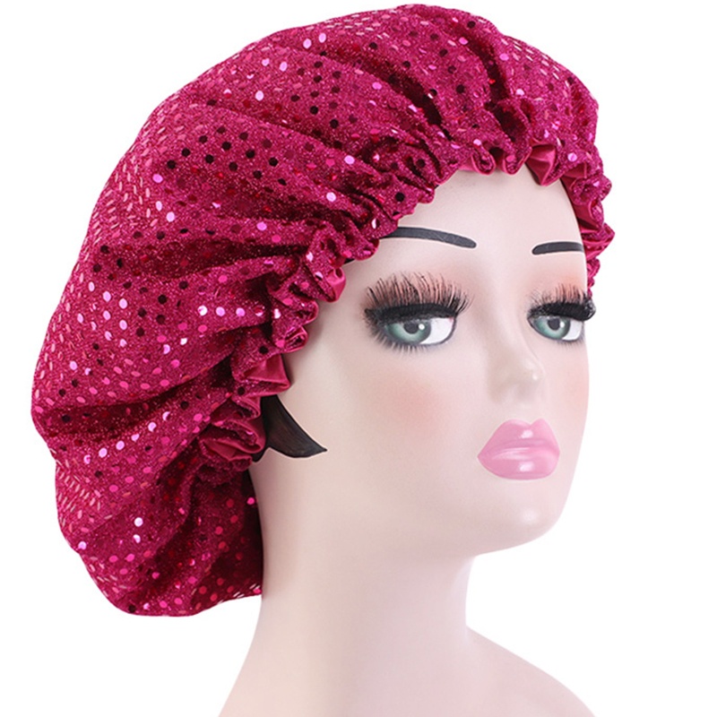 Mũ Trùm Tóc Bằng Vải Satin Hai Lớp Trang Trí Kim Sa Lấp Lánh Có Thể Điều Chỉnh