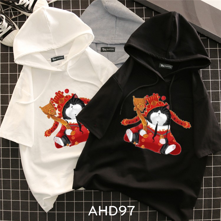⚡️ FreeShip 50k ⚡️ AHD97 Áo thun teen nam nữ HOODIE TAY LỠ CÓ NÓN hình mèo hoàng thượng
